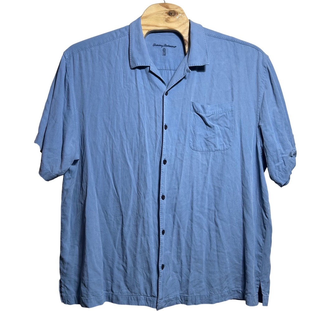 Tommy Bahama Mens 2XB Blue 100% Silk Short Sleeve Button Down Camp Shirt Solid